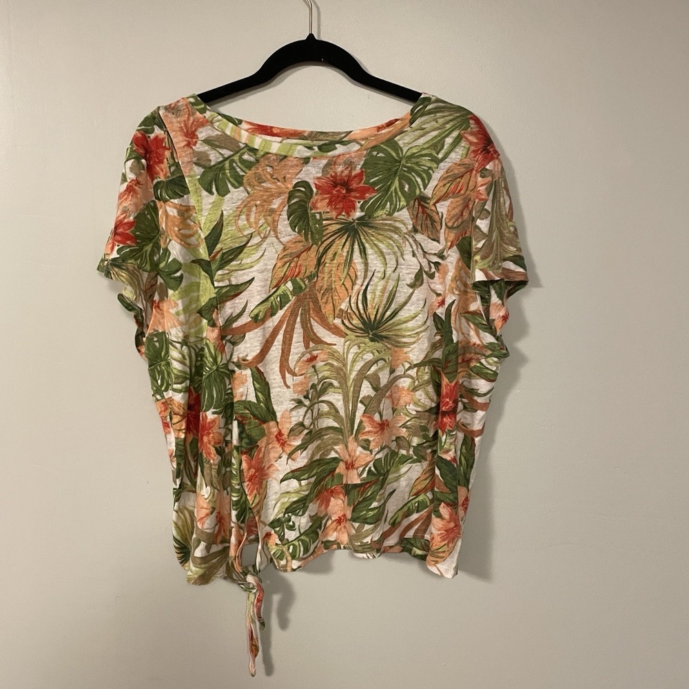 J. Jill Love Linen‎ 100% Green Floral Tie Hem Short Sleeve T Shirt Top Size XL